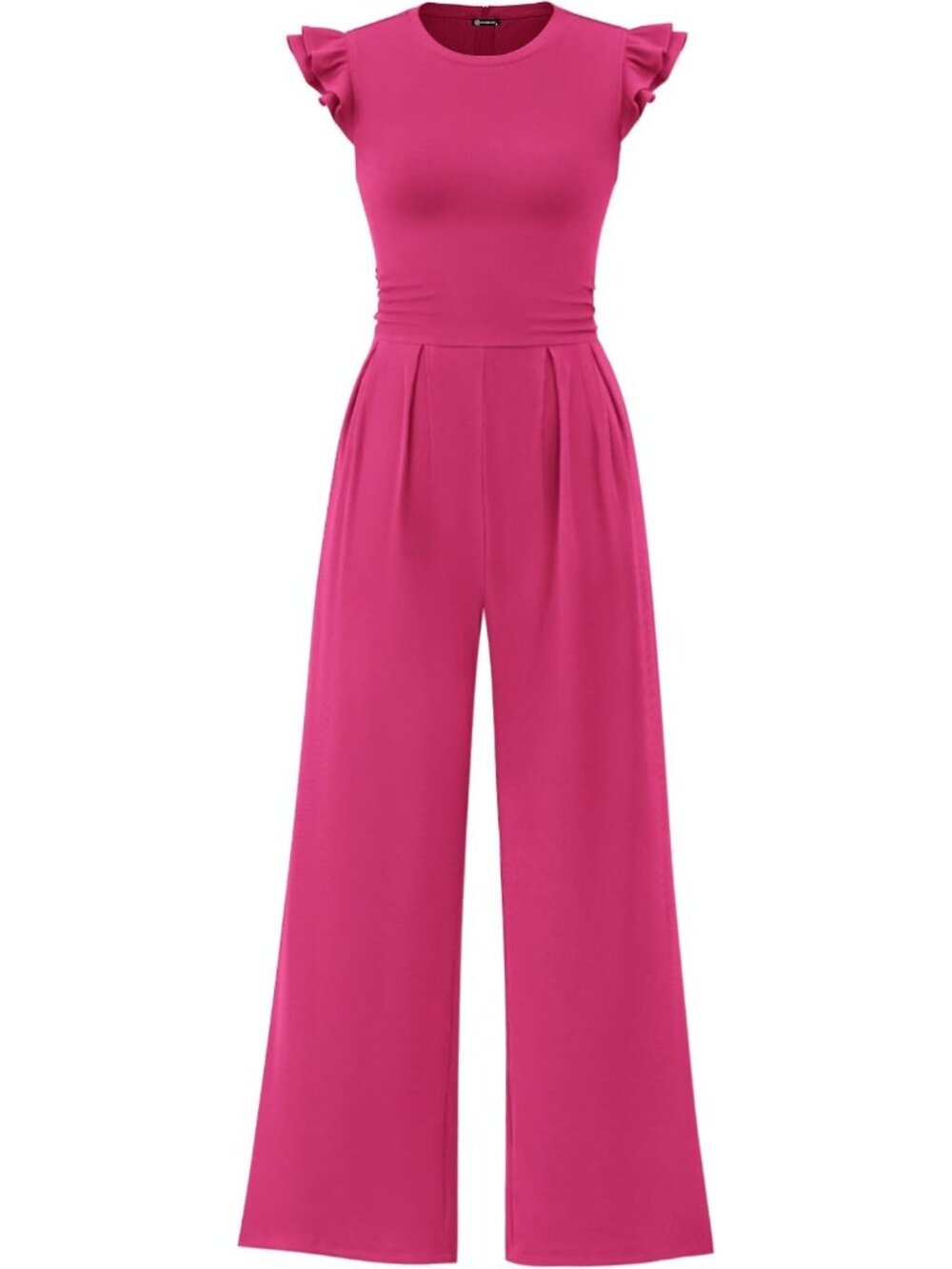 Women's Rose Red Crewneck Jumpsuits Cap Sleeve Ruffle Ribbed Wide Leg Romper